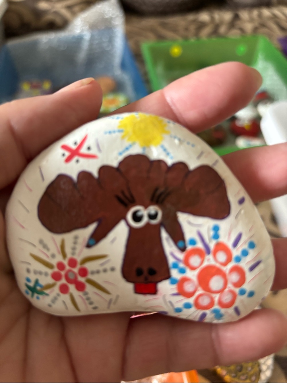 Hand-Painted Moose Rock Art - White Background